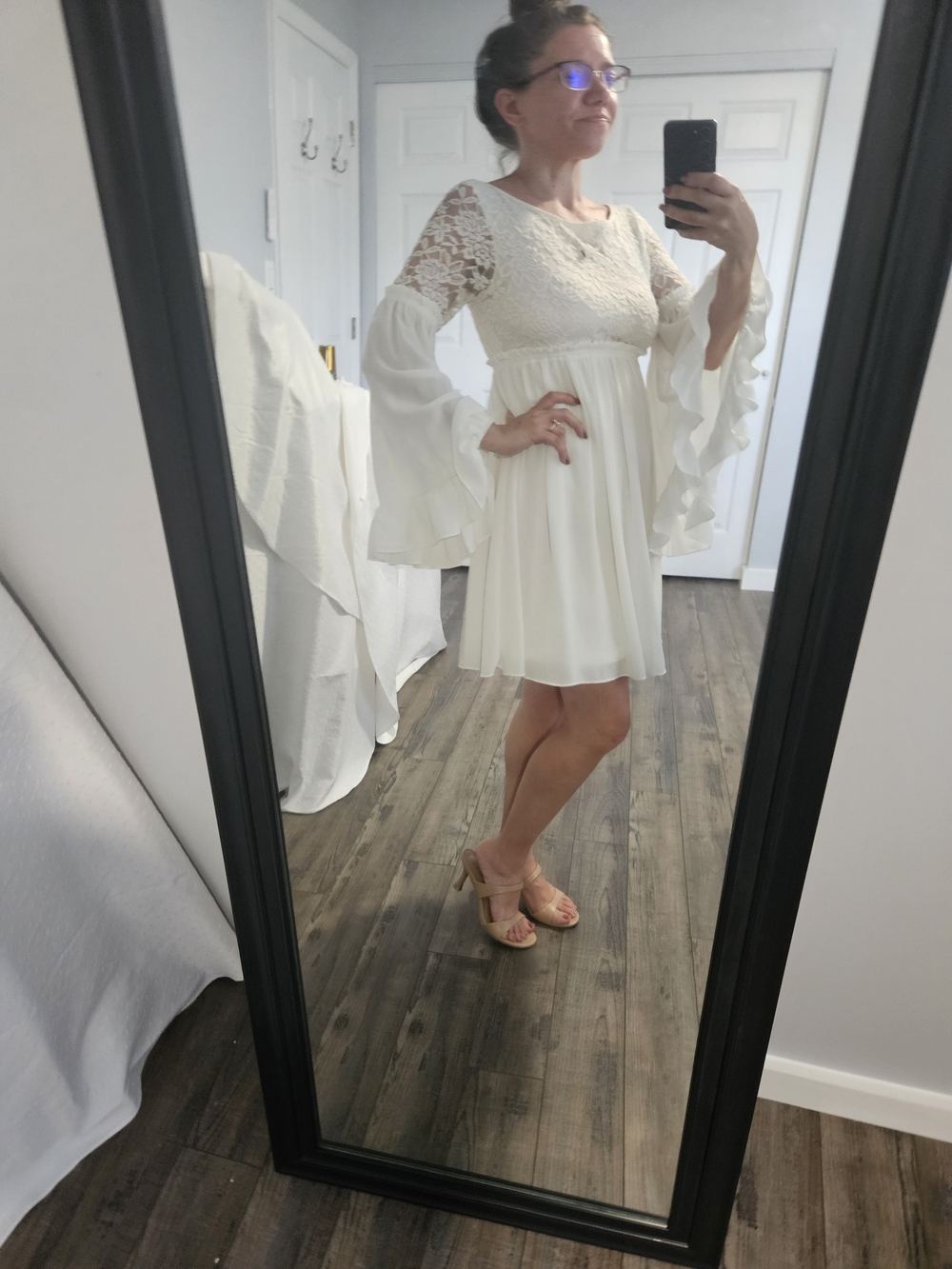Women’s Cream Lace Bell Sleeve Mini Dress